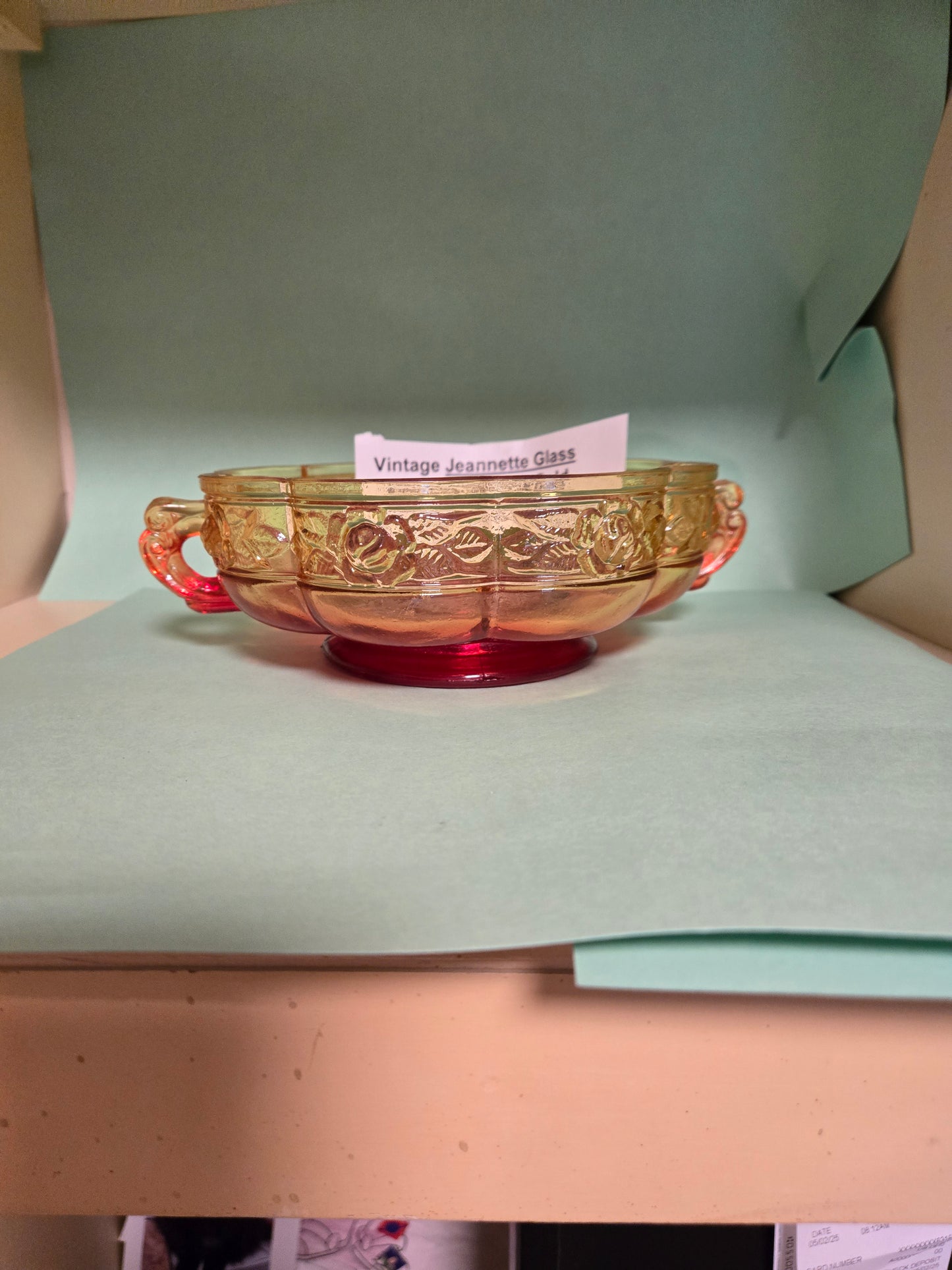Jeanette Glass -Aztez Rose Red and Gold -Amberina bowl, footed dish